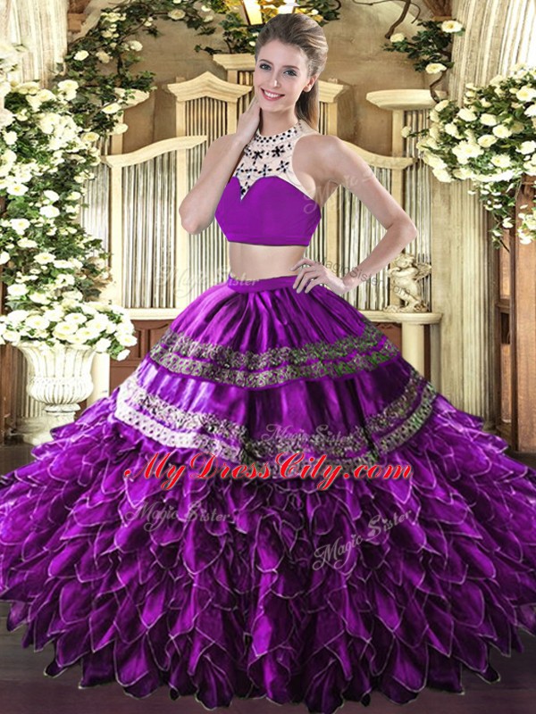 Glamorous Eggplant Purple High-neck Neckline Beading and Ruffles Quince Ball Gowns Sleeveless Backless