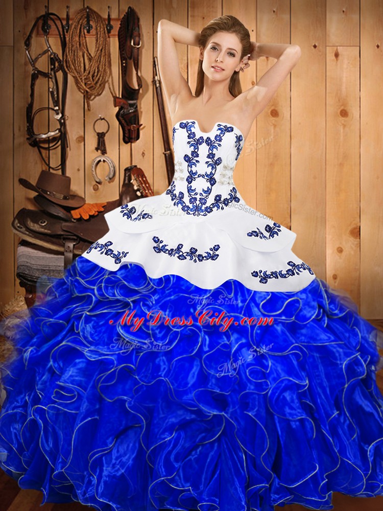 Cheap Strapless Sleeveless Sweet 16 Dress Floor Length Embroidery and Ruffles Blue And White Satin and Organza