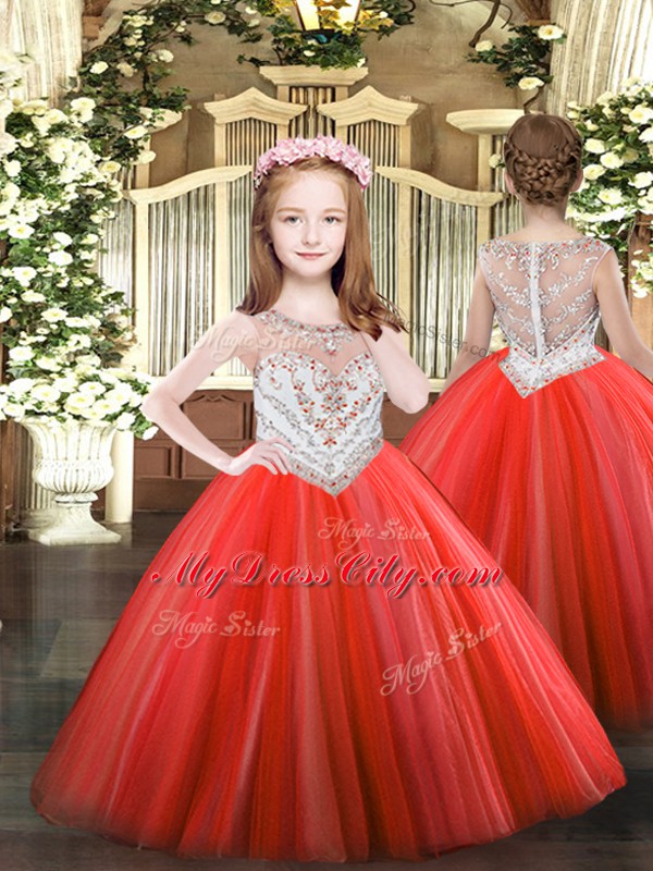 Coral Red Scoop Neckline Beading Kids Pageant Dress Sleeveless Zipper