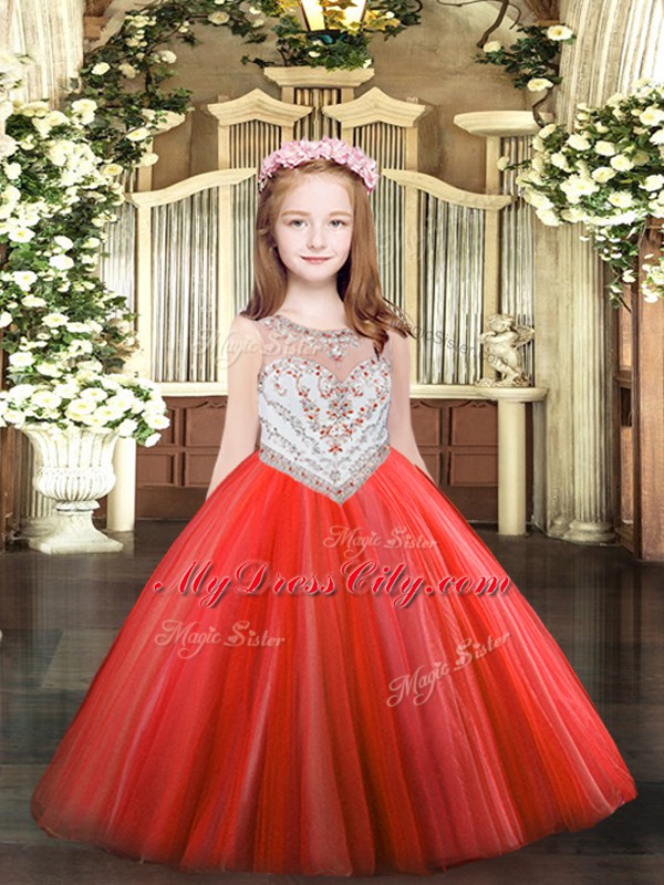 Coral Red Scoop Neckline Beading Kids Pageant Dress Sleeveless Zipper