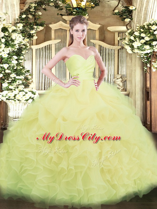 Delicate Light Yellow Sweetheart Neckline Beading and Ruffles Sweet 16 Quinceanera Dress Sleeveless Lace Up