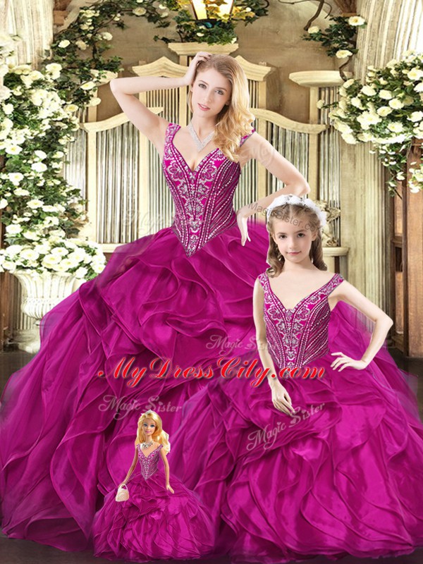 Decent Sleeveless Floor Length Ruffles Lace Up Ball Gown Prom Dress with Fuchsia