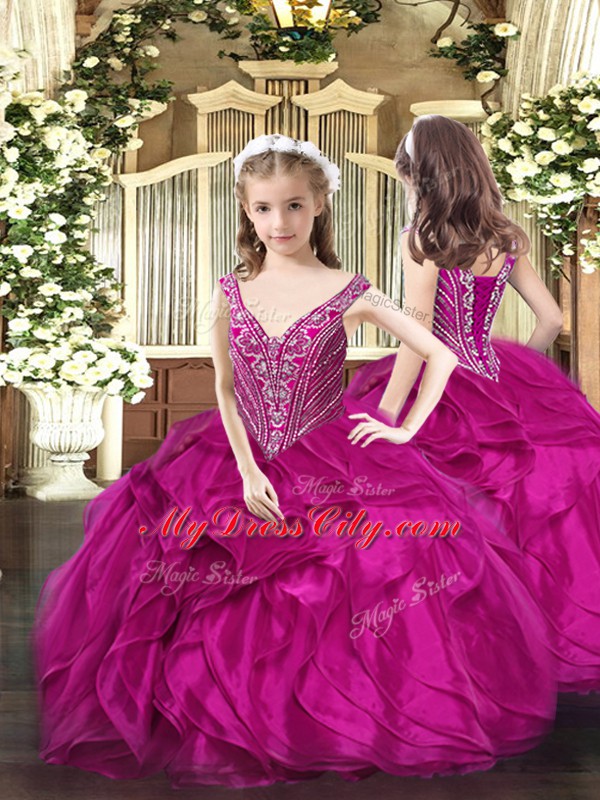 Decent Sleeveless Floor Length Ruffles Lace Up Ball Gown Prom Dress with Fuchsia