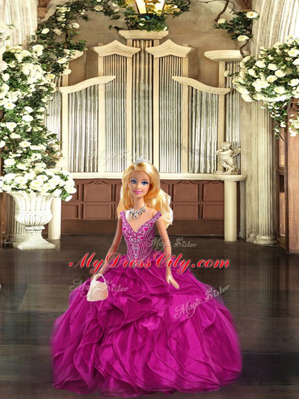 Decent Sleeveless Floor Length Ruffles Lace Up Ball Gown Prom Dress with Fuchsia