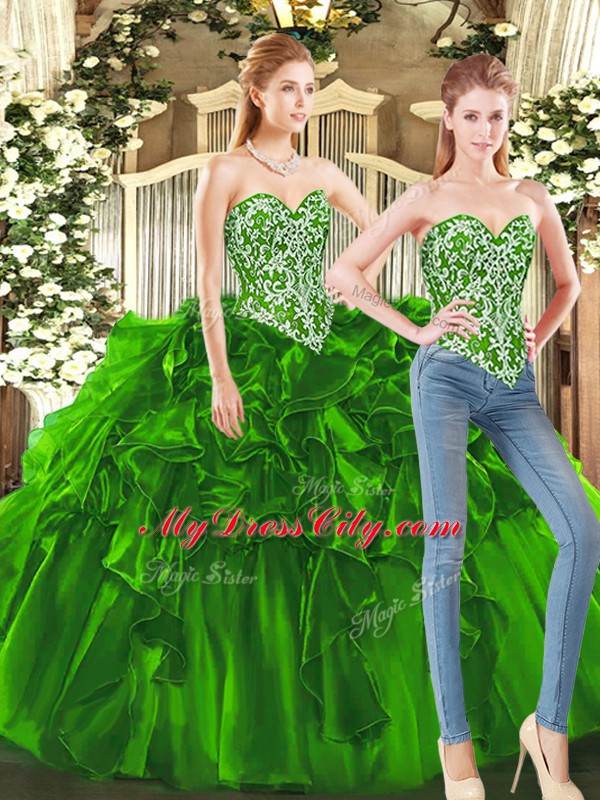 Suitable Dark Green Ball Gowns Tulle Sweetheart Sleeveless Beading and Ruffles Floor Length Lace Up Quinceanera Dresses