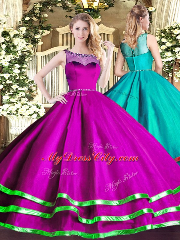 New Arrival Sleeveless Organza Floor Length Lace Up Quinceanera Gown in Fuchsia with Beading and Ruffled Layers