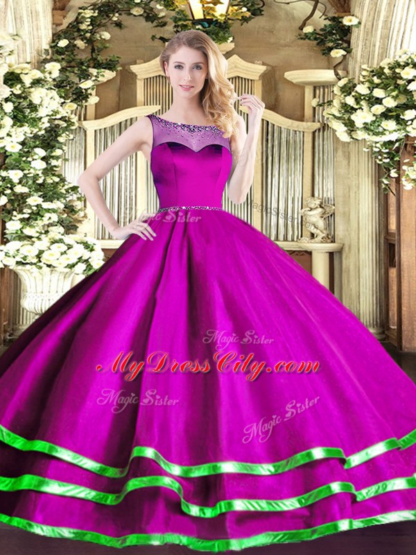 New Arrival Sleeveless Organza Floor Length Lace Up Quinceanera Gown in Fuchsia with Beading and Ruffled Layers