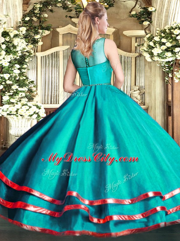 New Arrival Sleeveless Organza Floor Length Lace Up Quinceanera Gown in Fuchsia with Beading and Ruffled Layers