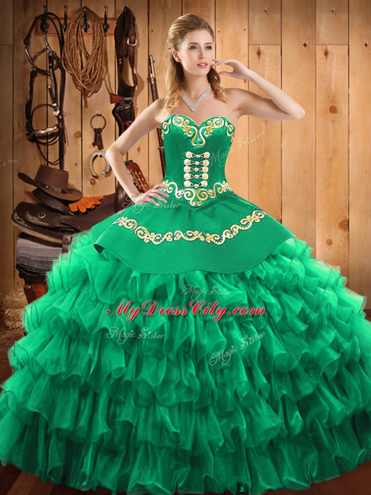 Floor Length Lace Up Quinceanera Gown Green for Military Ball and Sweet 16 and Quinceanera with Embroidery and Ruffled Layers