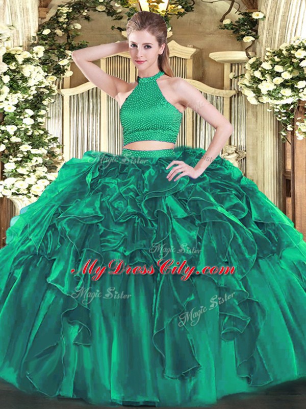 Discount Turquoise 15th Birthday Dress Military Ball and Sweet 16 and Quinceanera with Beading and Ruffles Halter Top Sleeveless Backless