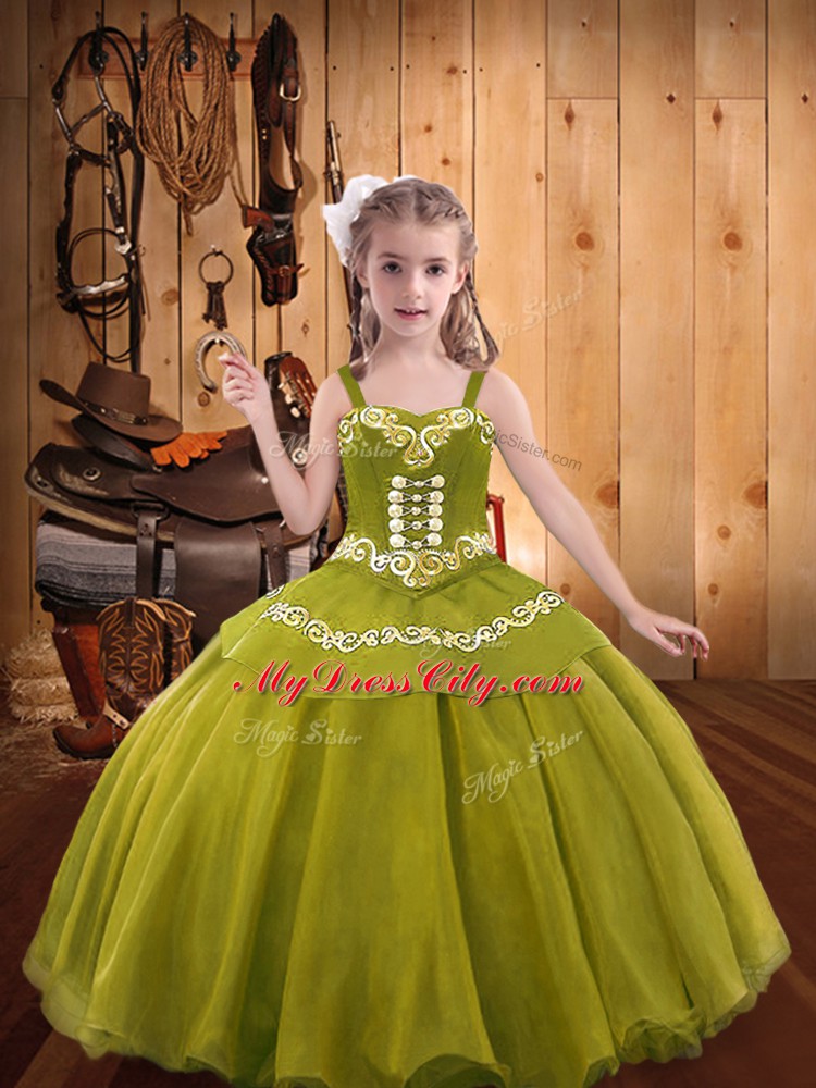 Olive Green Organza Lace Up Straps Sleeveless Floor Length Little Girl Pageant Dress Embroidery and Ruffles