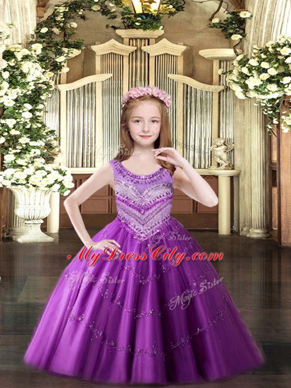 Luxurious Lilac Lace Up Scoop Beading Little Girls Pageant Gowns Tulle Sleeveless