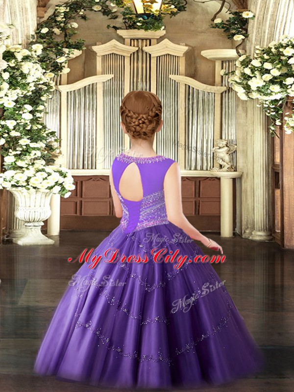 Luxurious Lilac Lace Up Scoop Beading Little Girls Pageant Gowns Tulle Sleeveless