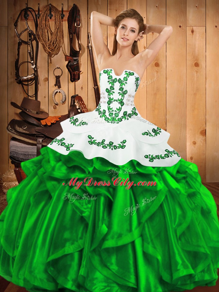 Green Satin and Organza Lace Up Strapless Sleeveless Floor Length Quince Ball Gowns Embroidery and Ruffles