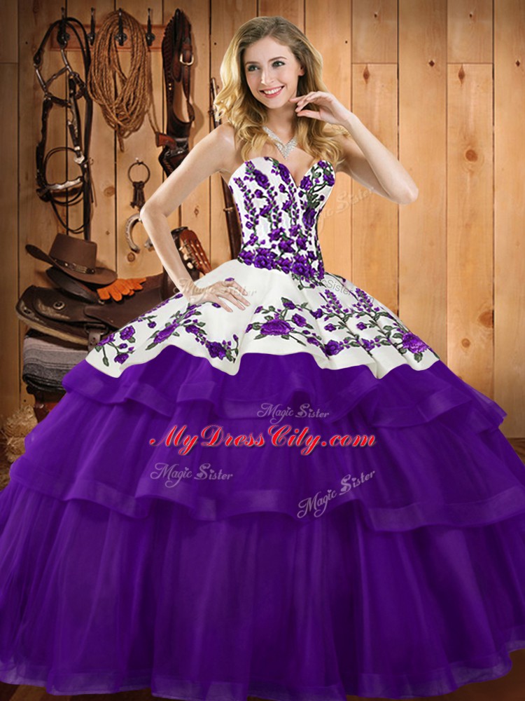 Custom Made Purple Sleeveless Organza Sweep Train Lace Up Quinceanera Gowns for Military Ball and Sweet 16 and Quinceanera