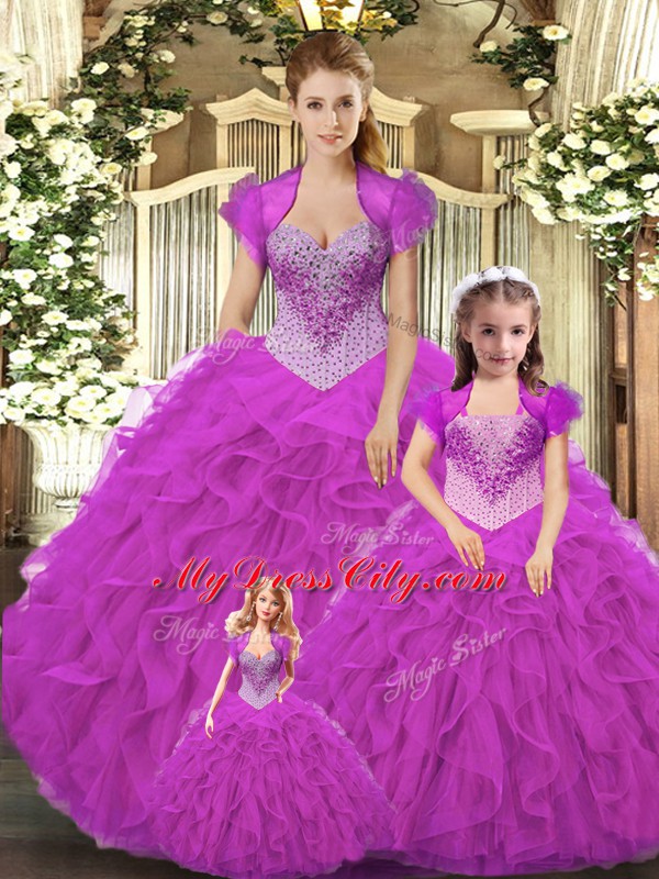 Fuchsia Ball Gowns Beading and Ruffles 15th Birthday Dress Lace Up Tulle Sleeveless Floor Length