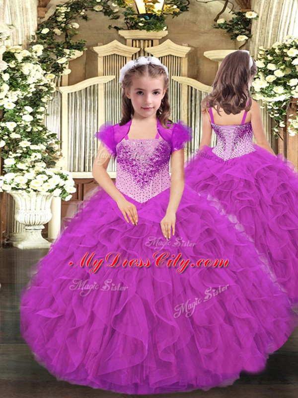 Fuchsia Ball Gowns Beading and Ruffles 15th Birthday Dress Lace Up Tulle Sleeveless Floor Length