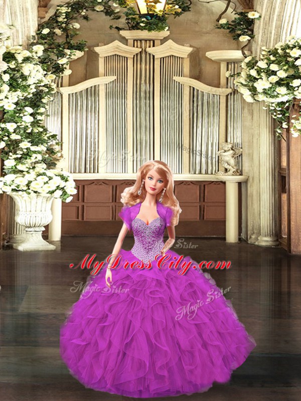 Fuchsia Ball Gowns Beading and Ruffles 15th Birthday Dress Lace Up Tulle Sleeveless Floor Length