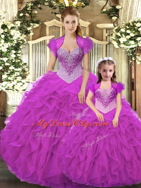 Fuchsia Ball Gowns Beading and Ruffles 15th Birthday Dress Lace Up Tulle Sleeveless Floor Length