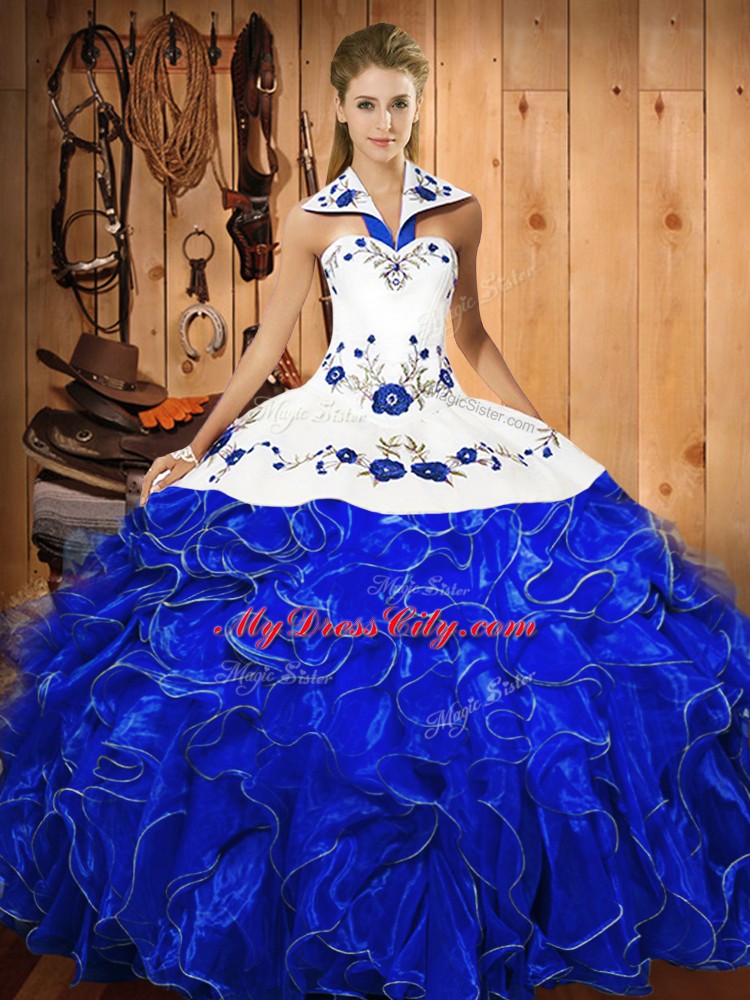 Halter Top Sleeveless 15th Birthday Dress Floor Length Embroidery and Ruffles Blue And White Satin and Organza