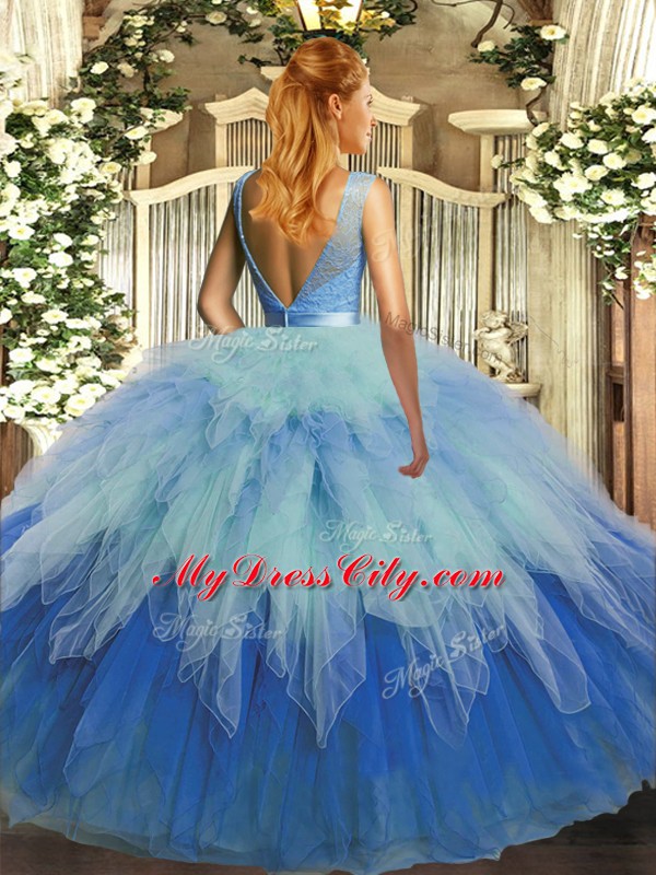 High Quality Multi-color Tulle Backless Sweet 16 Quinceanera Dress Sleeveless Floor Length Lace and Ruffles