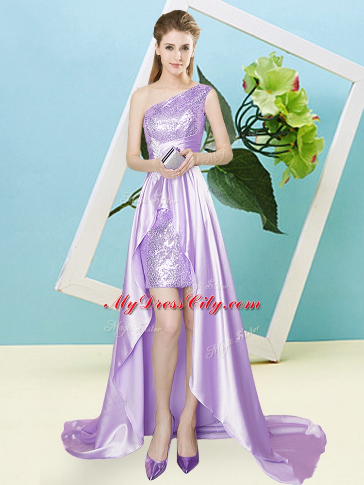 Glittering Sequins Prom Party Dress Lavender Lace Up Sleeveless High Low