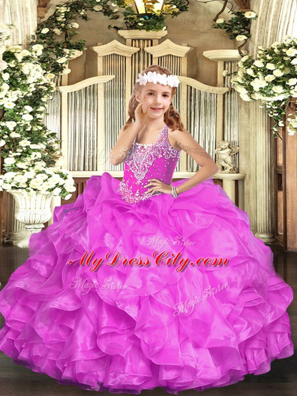 Nice Lilac Ball Gowns Beading and Ruffles Winning Pageant Gowns Lace Up Organza Sleeveless Floor Length