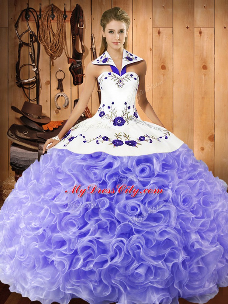 Lavender Ball Gowns Fabric With Rolling Flowers Halter Top Sleeveless Embroidery Floor Length Lace Up Ball Gown Prom Dress