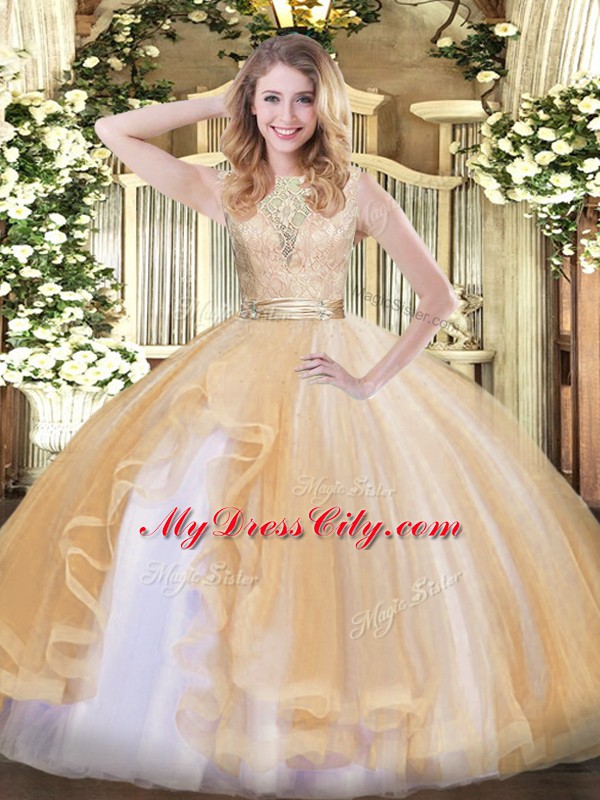 Inexpensive Scoop Sleeveless Backless 15 Quinceanera Dress Champagne Organza