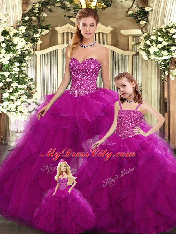 Custom Design Fuchsia Sleeveless Floor Length Beading and Ruffles Lace Up 15th Birthday Dress