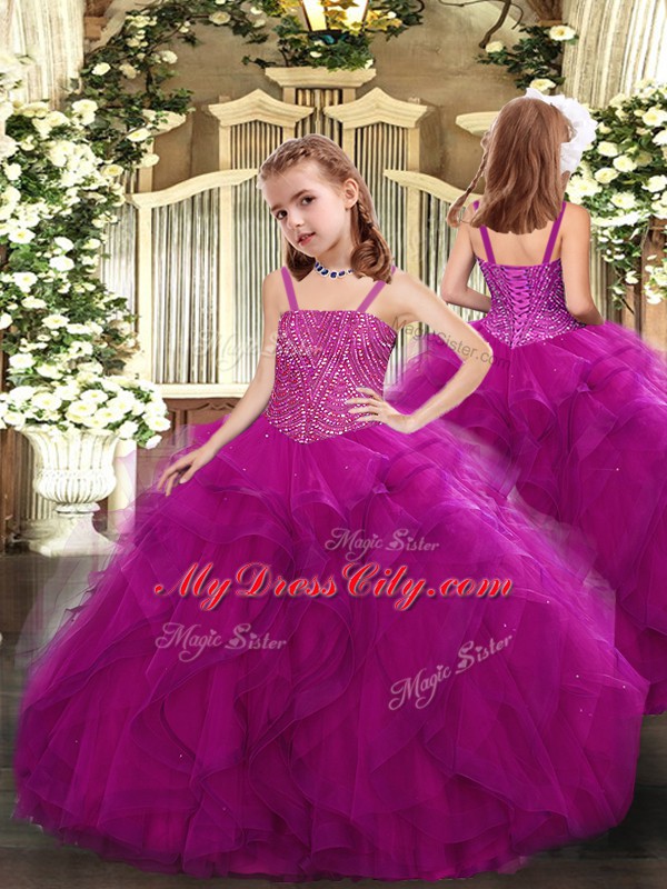 Custom Design Fuchsia Sleeveless Floor Length Beading and Ruffles Lace Up 15th Birthday Dress