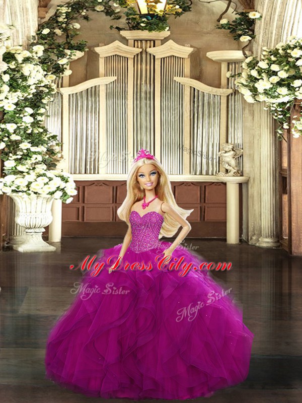 Custom Design Fuchsia Sleeveless Floor Length Beading and Ruffles Lace Up 15th Birthday Dress