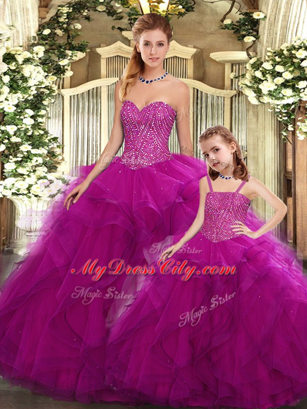 Custom Design Fuchsia Sleeveless Floor Length Beading and Ruffles Lace Up 15th Birthday Dress