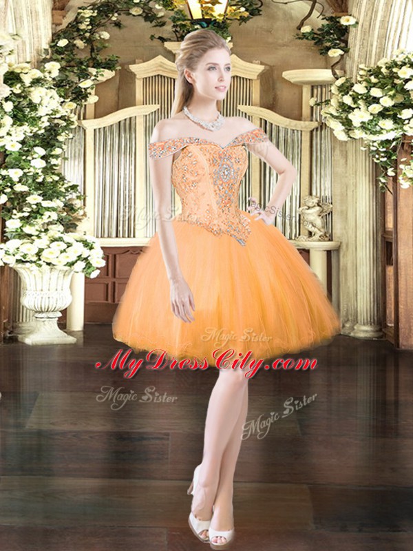 Discount Sleeveless Tulle Mini Length Lace Up Prom Evening Gown in Orange Red with Beading