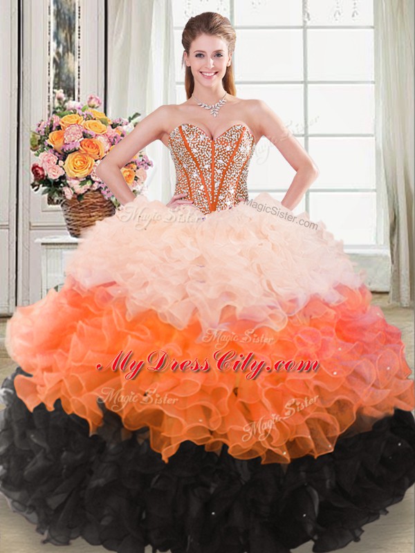 Deluxe Multi-color Ball Gowns Organza Sweetheart Sleeveless Beading and Ruffles Floor Length Lace Up Quinceanera Dress