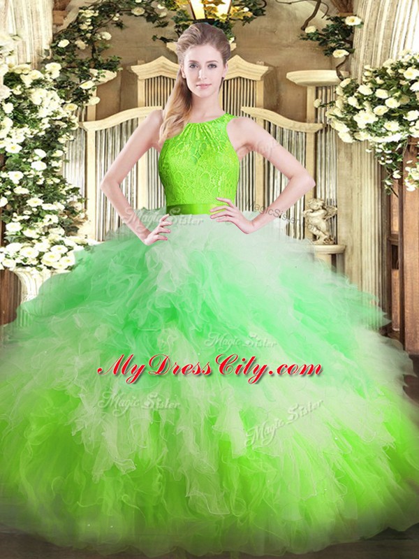 Multi-color Ball Gowns Scoop Sleeveless Organza Floor Length Zipper Ruffles Quinceanera Dress