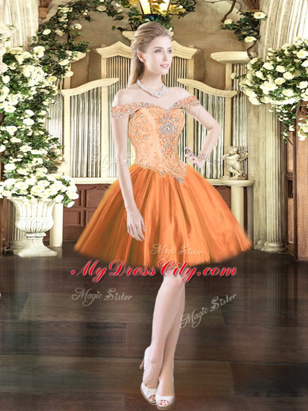 Trendy Ball Gowns Prom Dress Orange Red Off The Shoulder Tulle Sleeveless Mini Length Lace Up