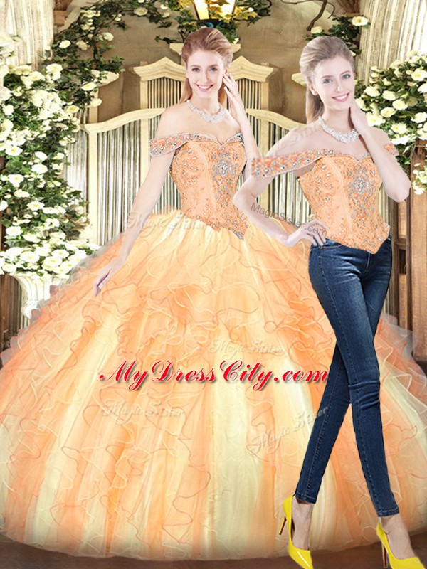 Affordable Floor Length Lace Up 15th Birthday Dress Gold for Military Ball and Sweet 16 and Quinceanera with Beading and Ruffles