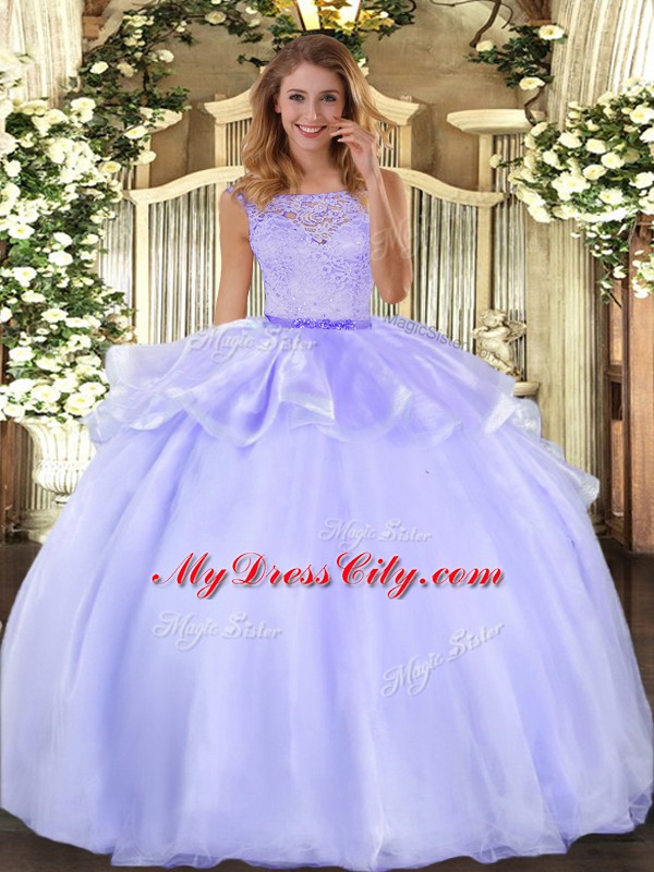 Affordable Floor Length Clasp Handle Sweet 16 Quinceanera Dress Lavender for Military Ball and Sweet 16 and Quinceanera with Lace