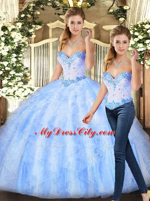 High End Sleeveless Organza Floor Length Lace Up Quinceanera Dresses in Lavender with Beading and Ruffles