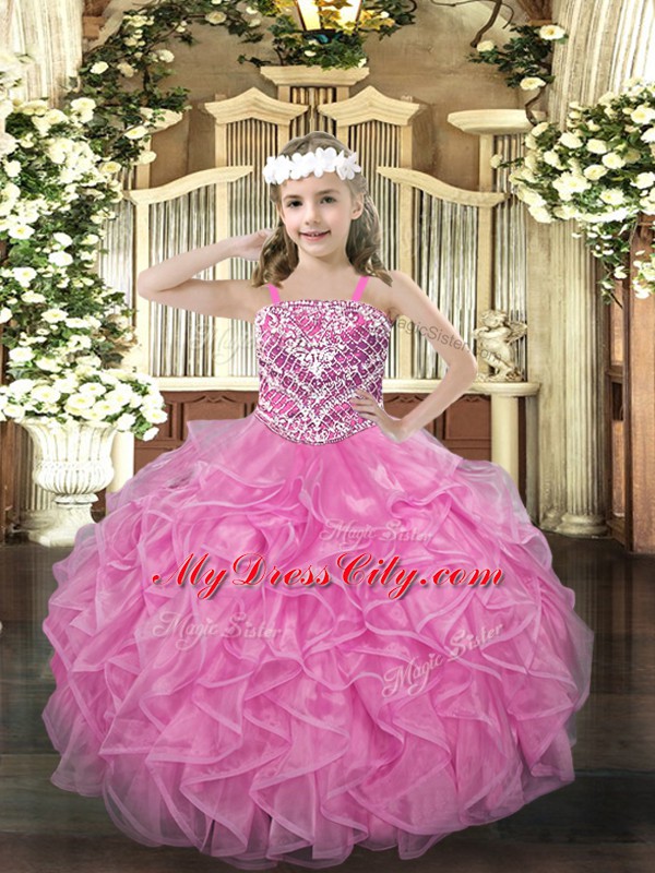 Custom Designed Floor Length Rose Pink Girls Pageant Dresses Organza Sleeveless Beading and Ruffles