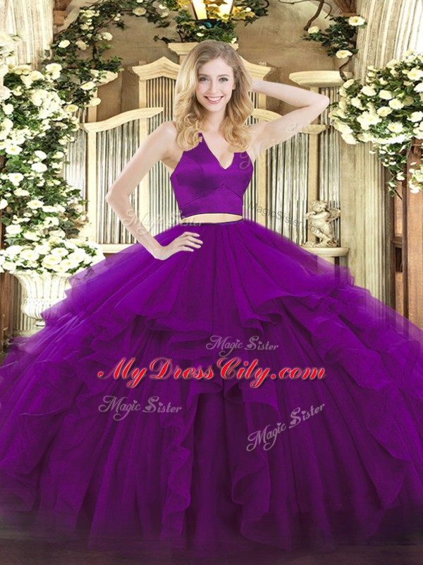 Floor Length Two Pieces Sleeveless Purple 15 Quinceanera Dress Zipper