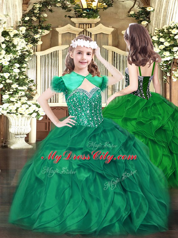 Floor Length Ball Gowns Sleeveless Dark Green Child Pageant Dress Lace Up