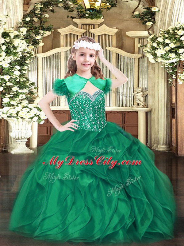 Floor Length Ball Gowns Sleeveless Dark Green Child Pageant Dress Lace Up