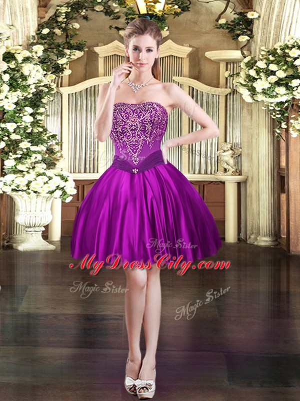 Adorable Purple Strapless Neckline Beading Dress for Prom Sleeveless Lace Up