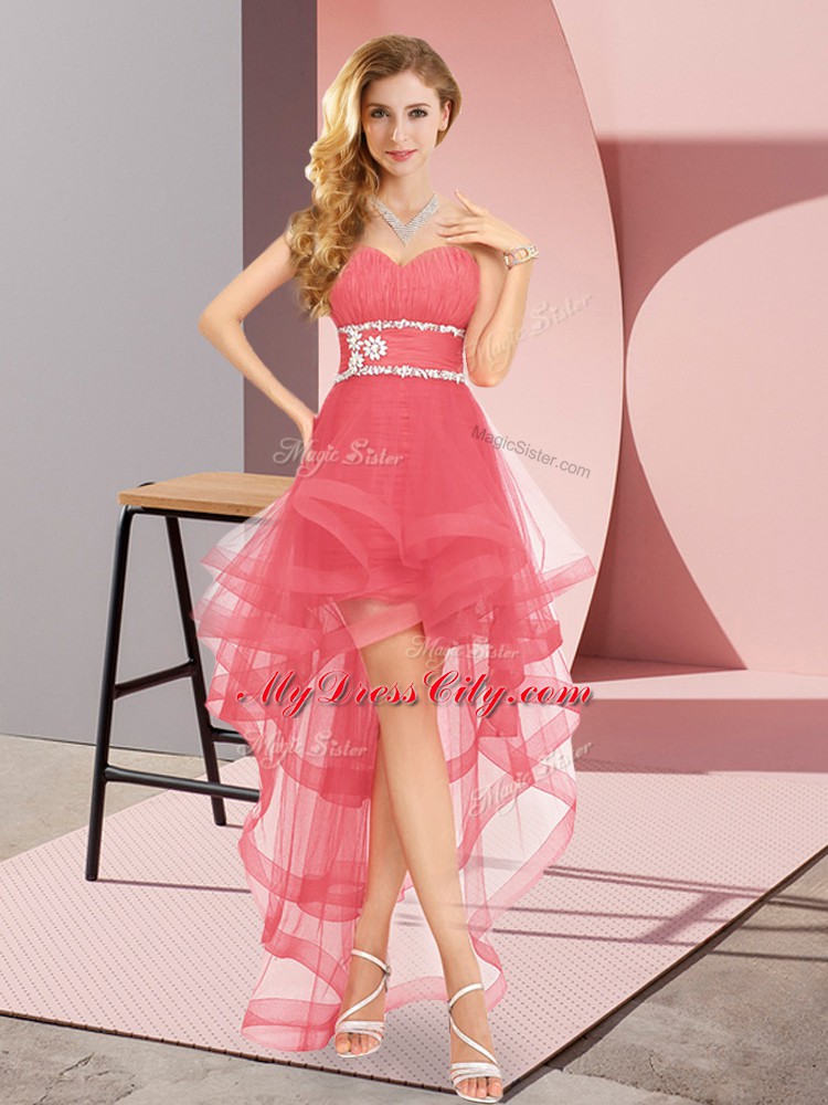 High Low A-line Sleeveless Coral Red Quinceanera Court Dresses Lace Up