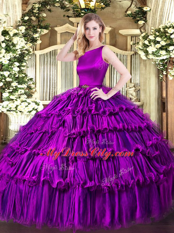 Eggplant Purple Scoop Clasp Handle Ruffled Layers Sweet 16 Dress Sleeveless