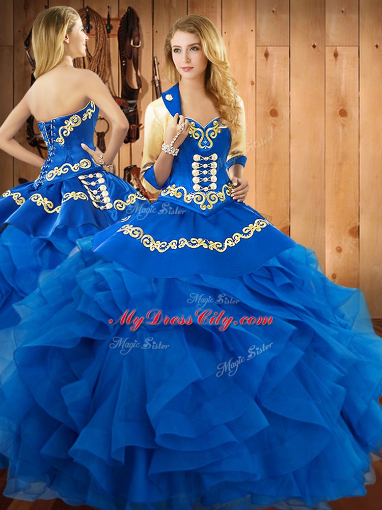 Floor Length Lace Up Vestidos de Quinceanera Blue for Military Ball and Sweet 16 and Quinceanera with Embroidery and Ruffles