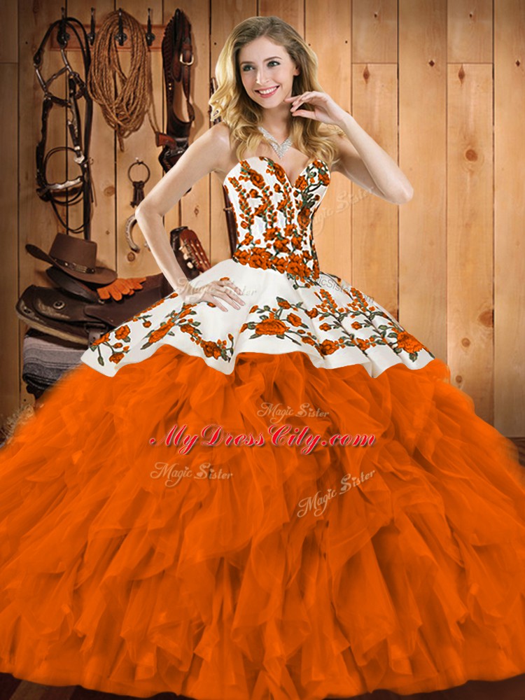 Rust Red Sleeveless Satin and Organza Lace Up Quinceanera Gowns for Military Ball and Sweet 16 and Quinceanera