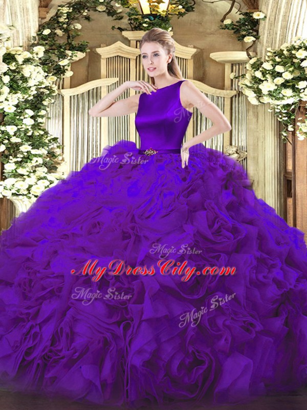 Purple Ball Gowns Belt Sweet 16 Dress Clasp Handle Fabric With Rolling Flowers Sleeveless Floor Length